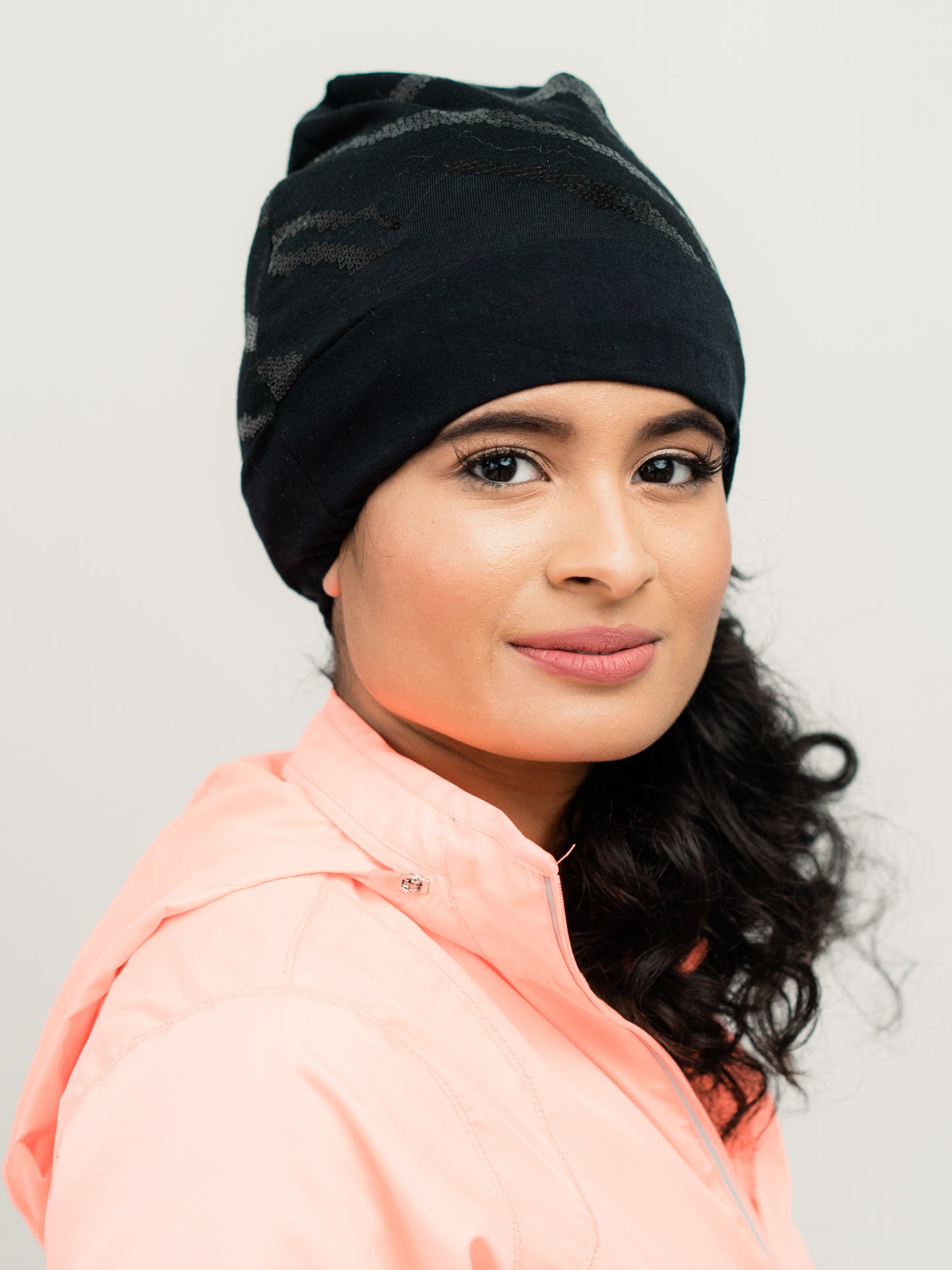 Beanie: Bianca | Black Sequin Charmeuse Satin-Lined Slouch Cap | Linda Christen Designs