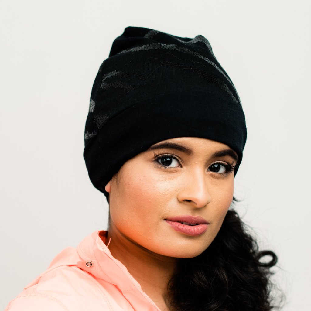 Beanie: Bianca | Black Sequin Charmeuse Satin-Lined Slouch Cap | Linda Christen Designs