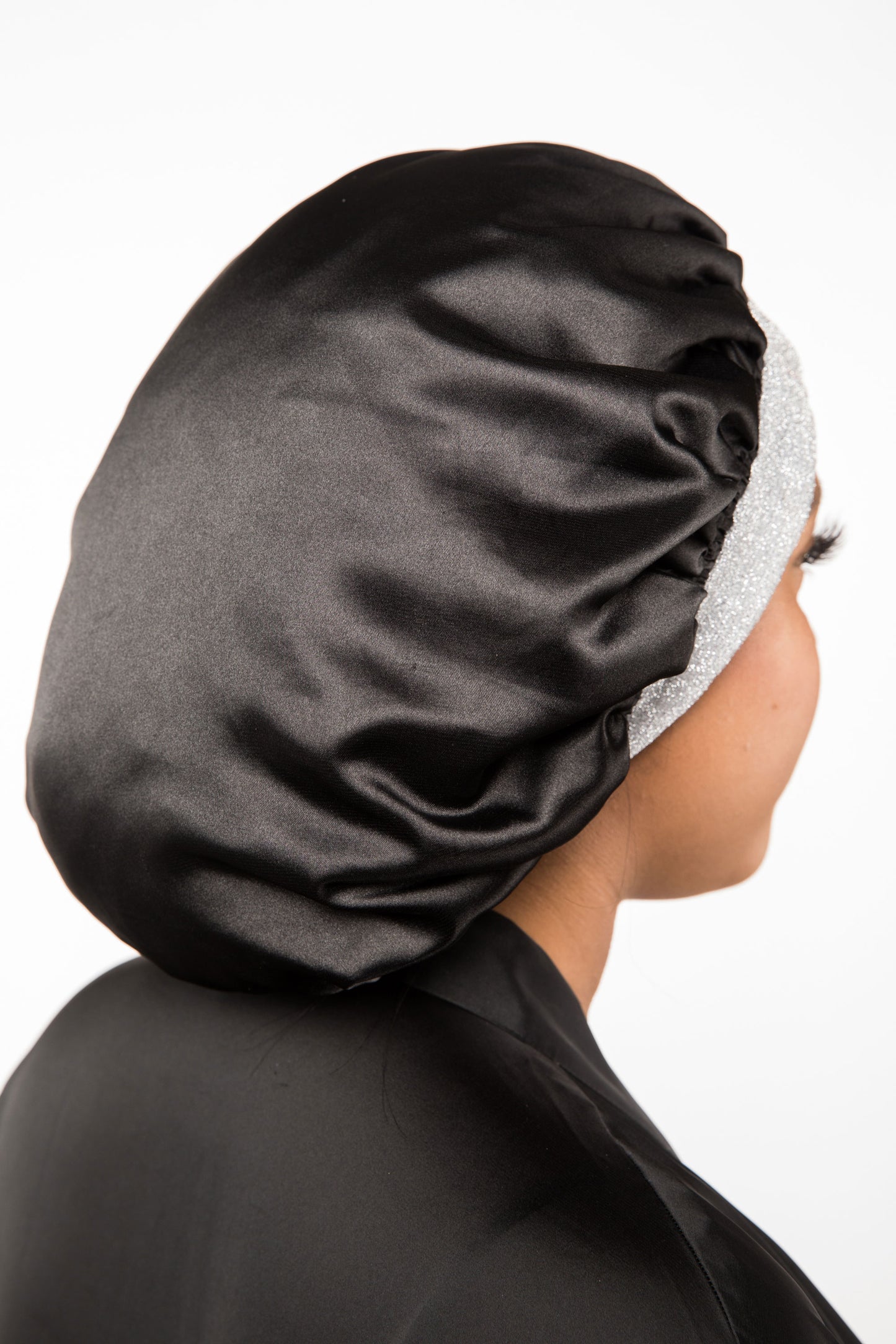 Black Satin-Lined Bonnet with Silver Metallic Band | Channelle