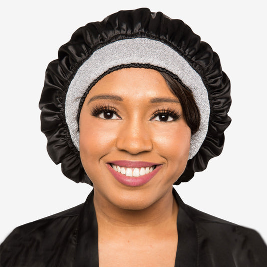 Black Satin-Lined Bonnet with Silver Metallic Band | Channelle