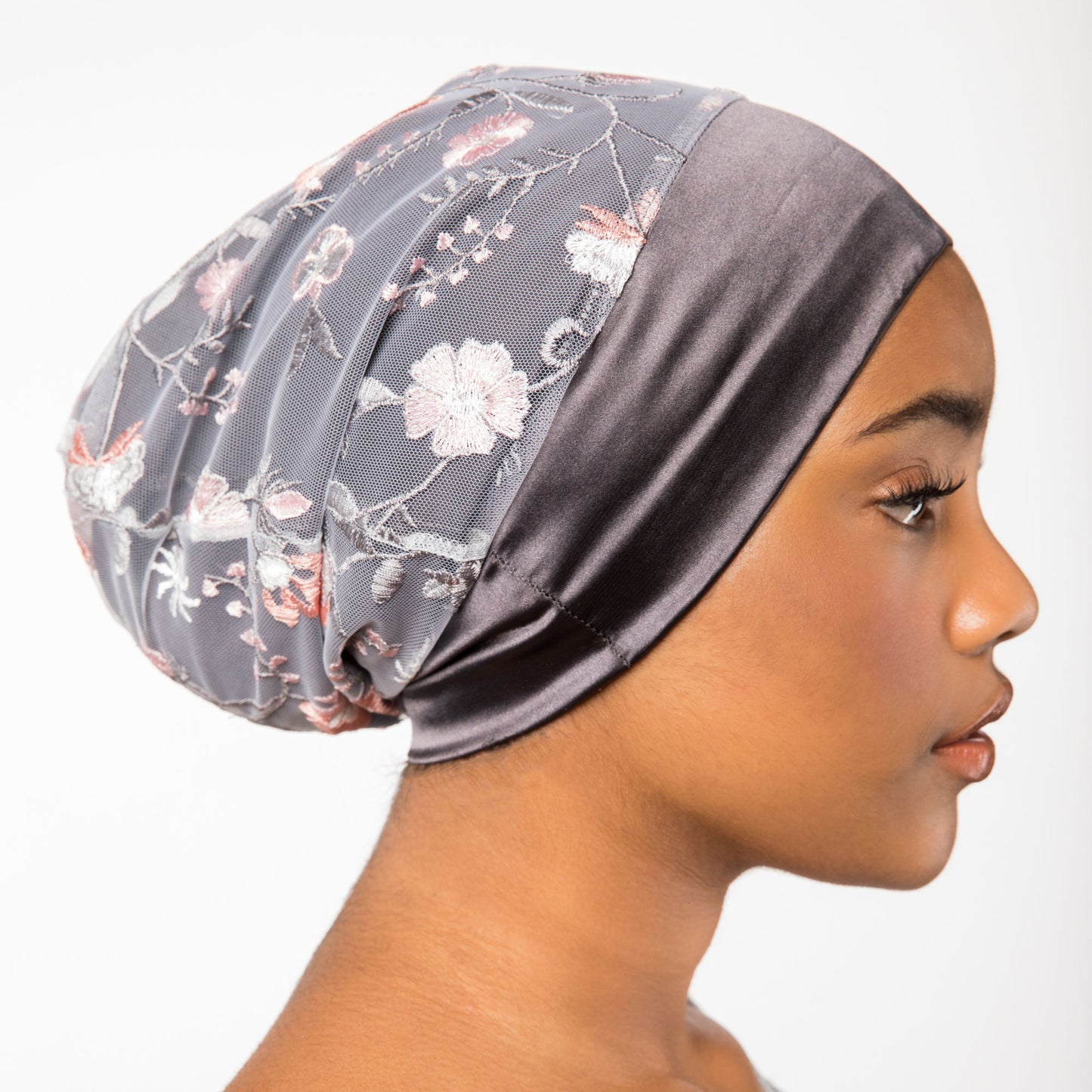 Embroidered Floral Mesh Satin-Lined Bonnet with a Charcoal Band | Noelle