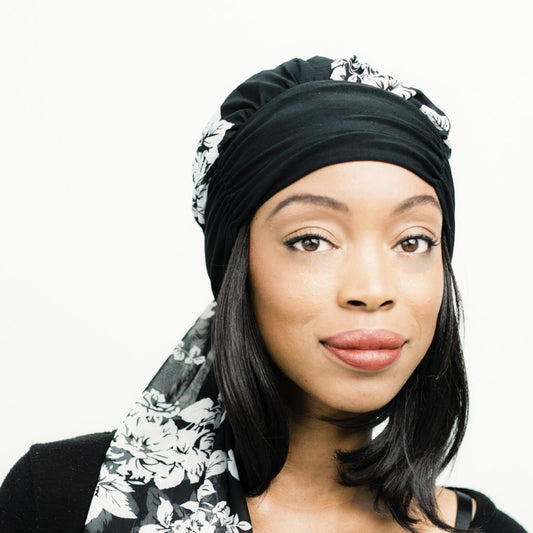 Head Scarf: Camille | Black & White Floral Sheer Head Scarf | Linda Christen Designs