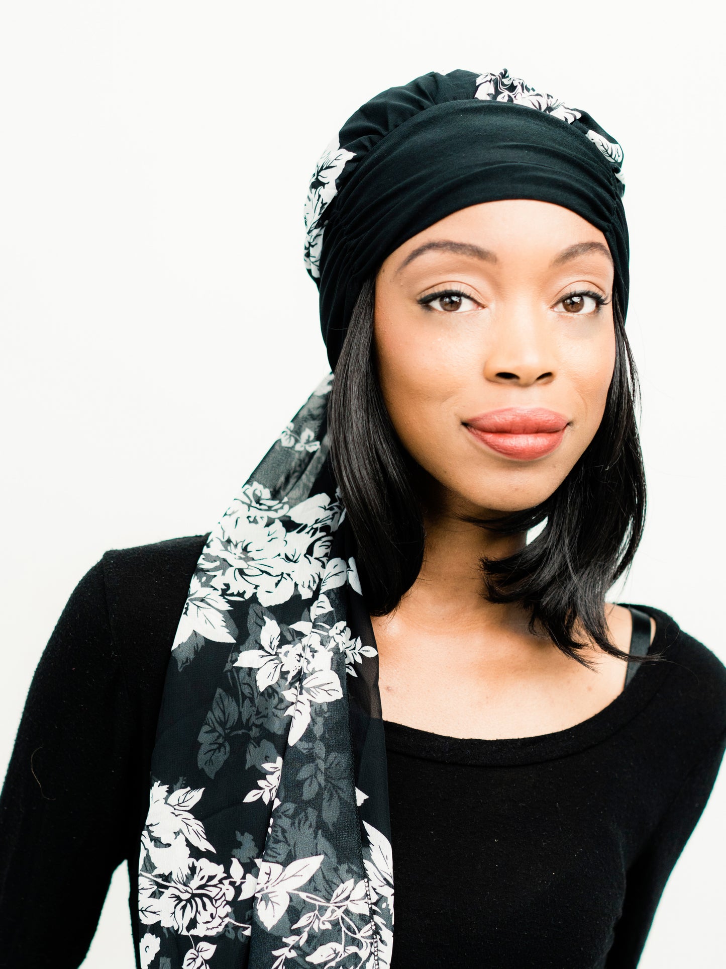 Head Scarf: Camille | Black & White Floral Sheer Head Scarf | Linda Christen Designs