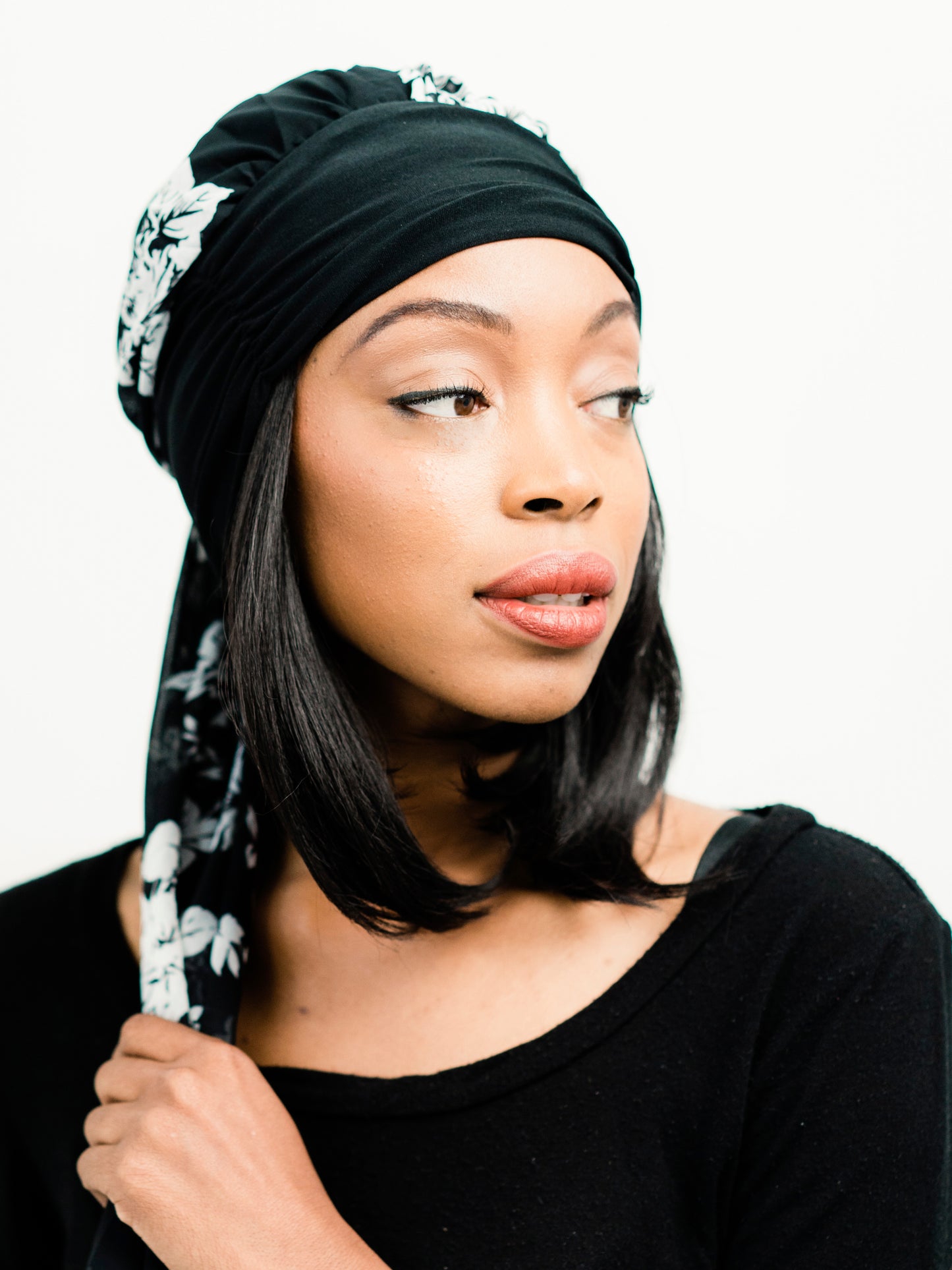 Head Scarf: Camille | Black & White Floral Sheer Head Scarf | Linda Christen Designs