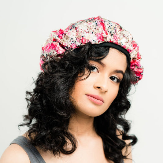 Bonnet: Ellie | Rosie Pink Floral Satin Bonnet | Linda Christen Designs