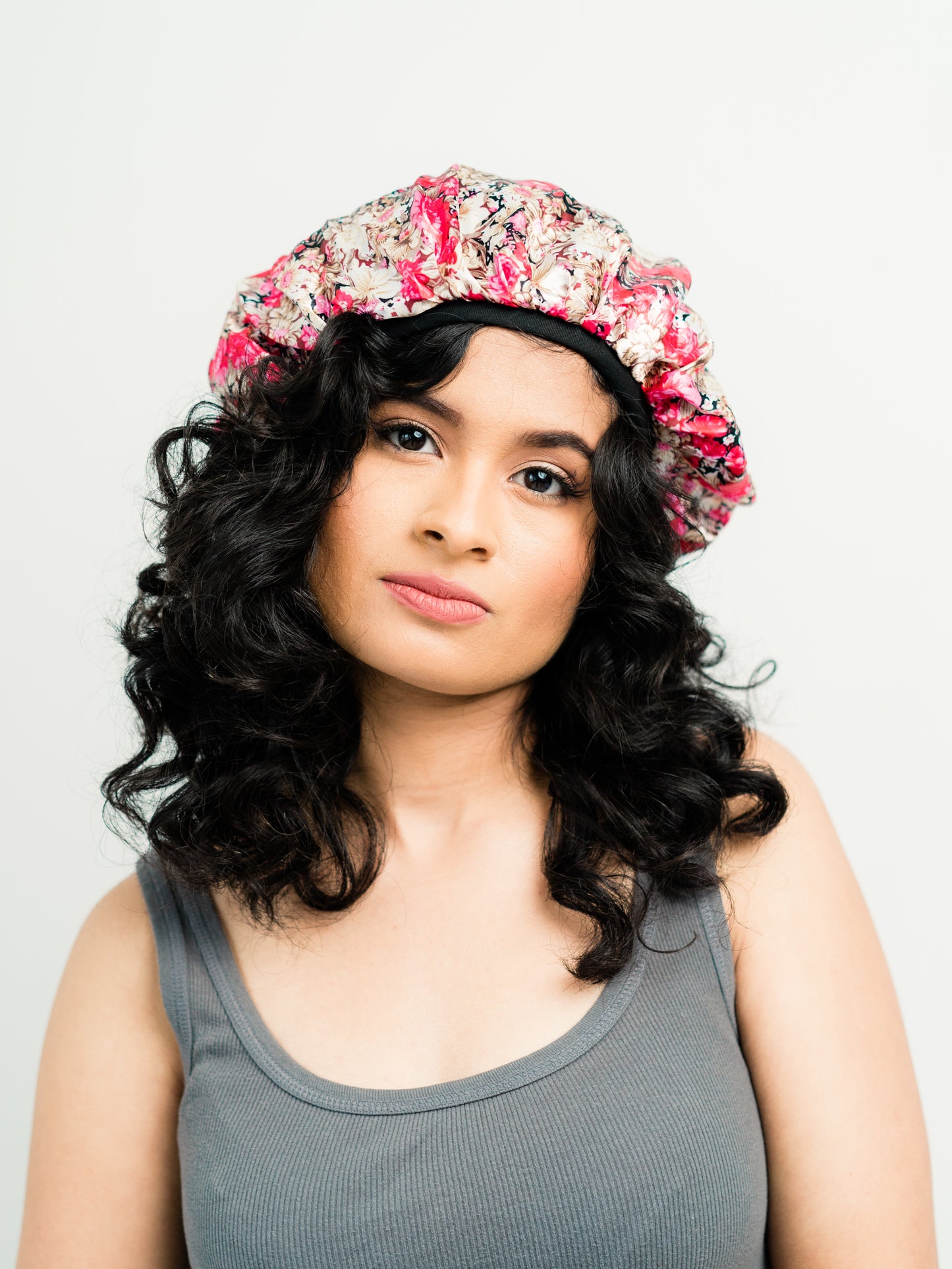 Bonnet: Ellie | Rosie Pink Floral Satin Bonnet | Linda Christen Designs