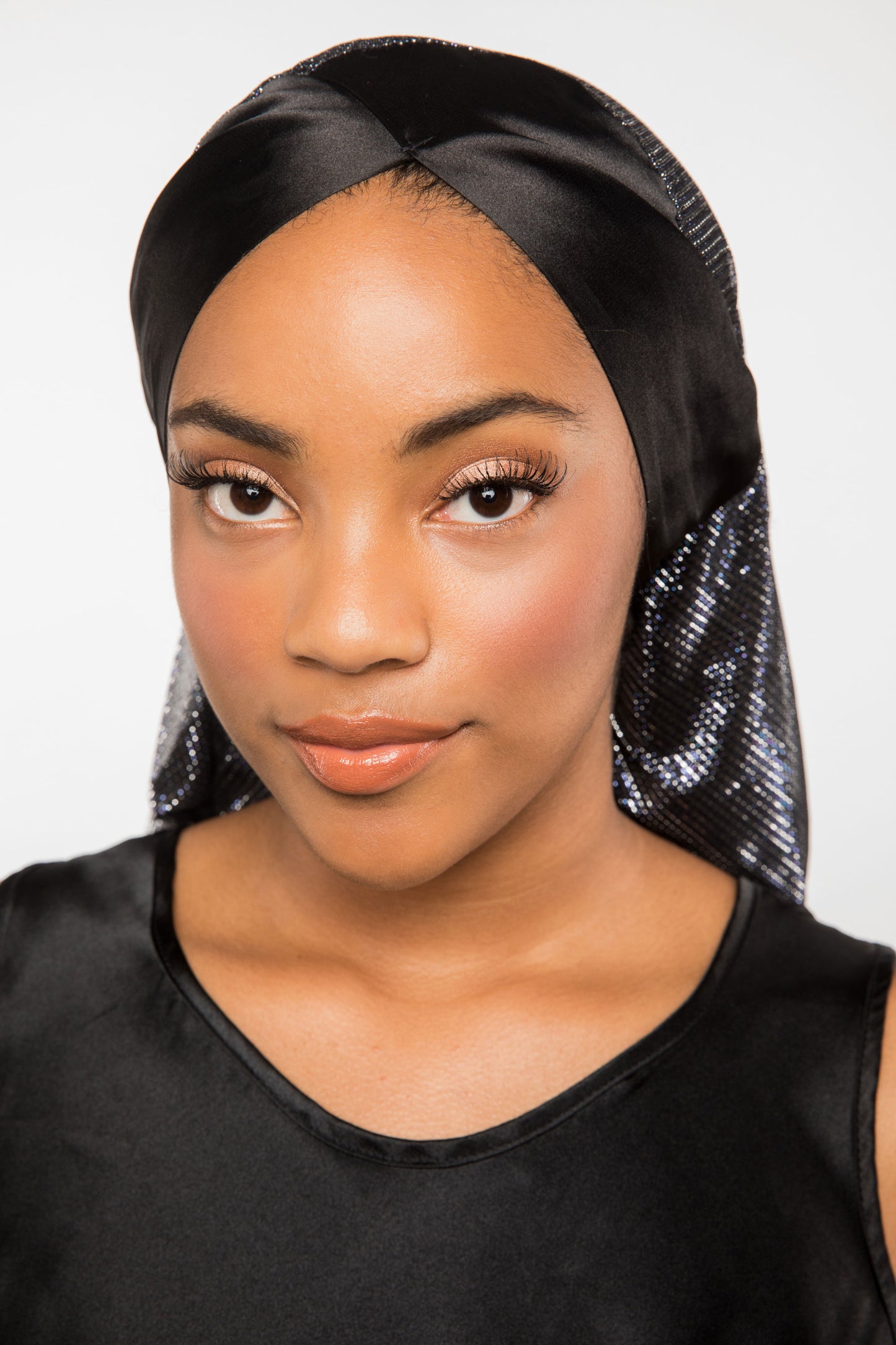 Black Satin-Lined Headscarf with Silver Accents | Cleopatra