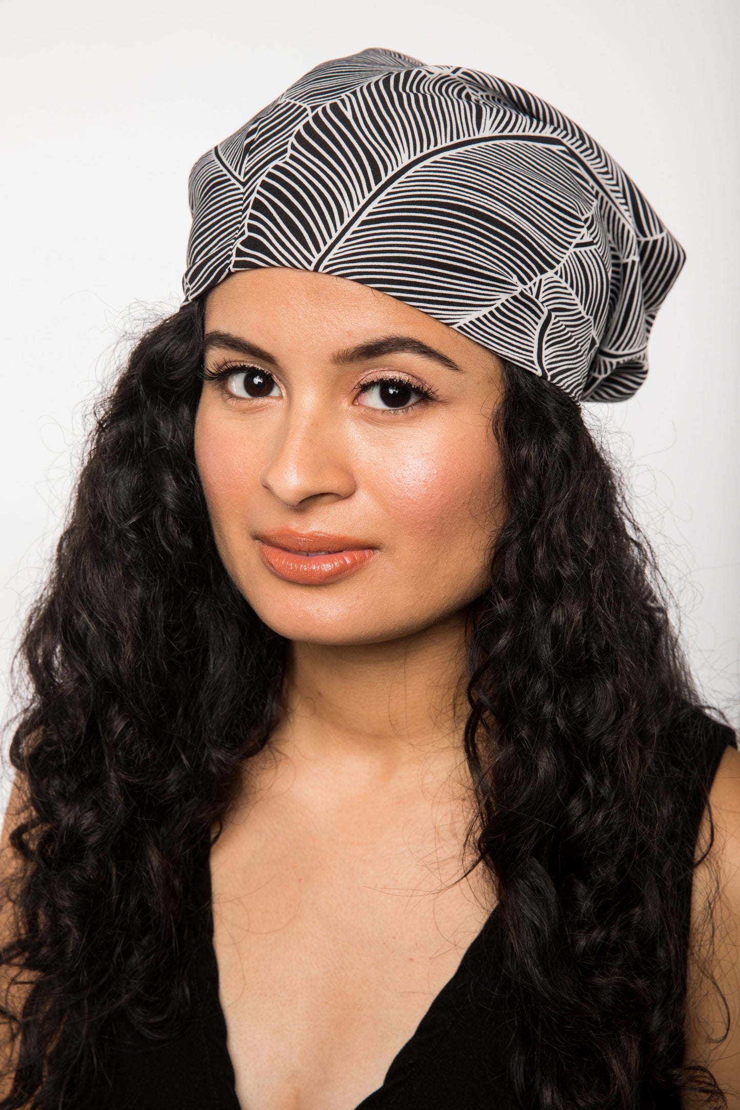 B&W Leaf Print Satin-Lined Chiffon Head Scarf | Apollina