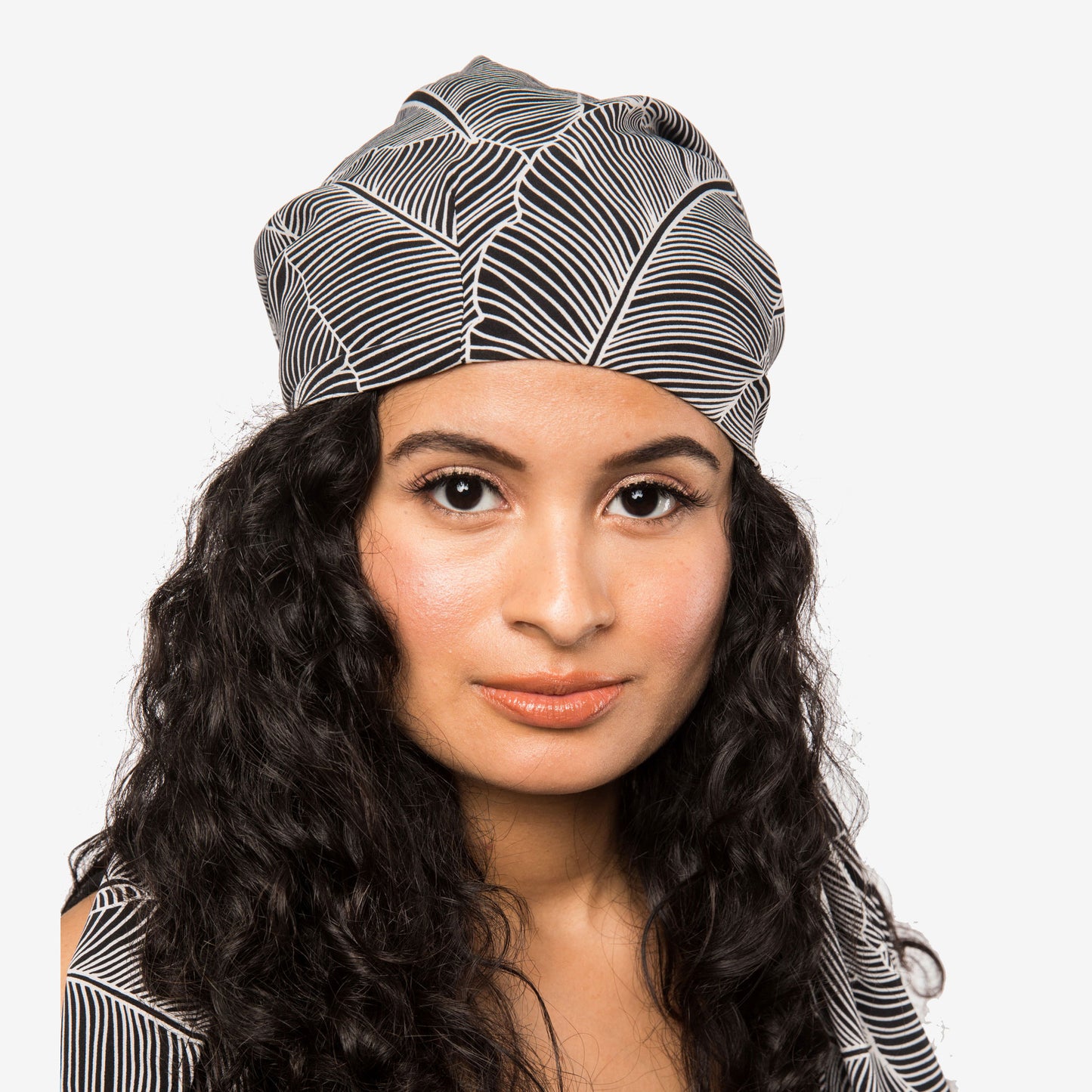 B&W Leaf Print Satin-Lined Chiffon Head Scarf | Apollina