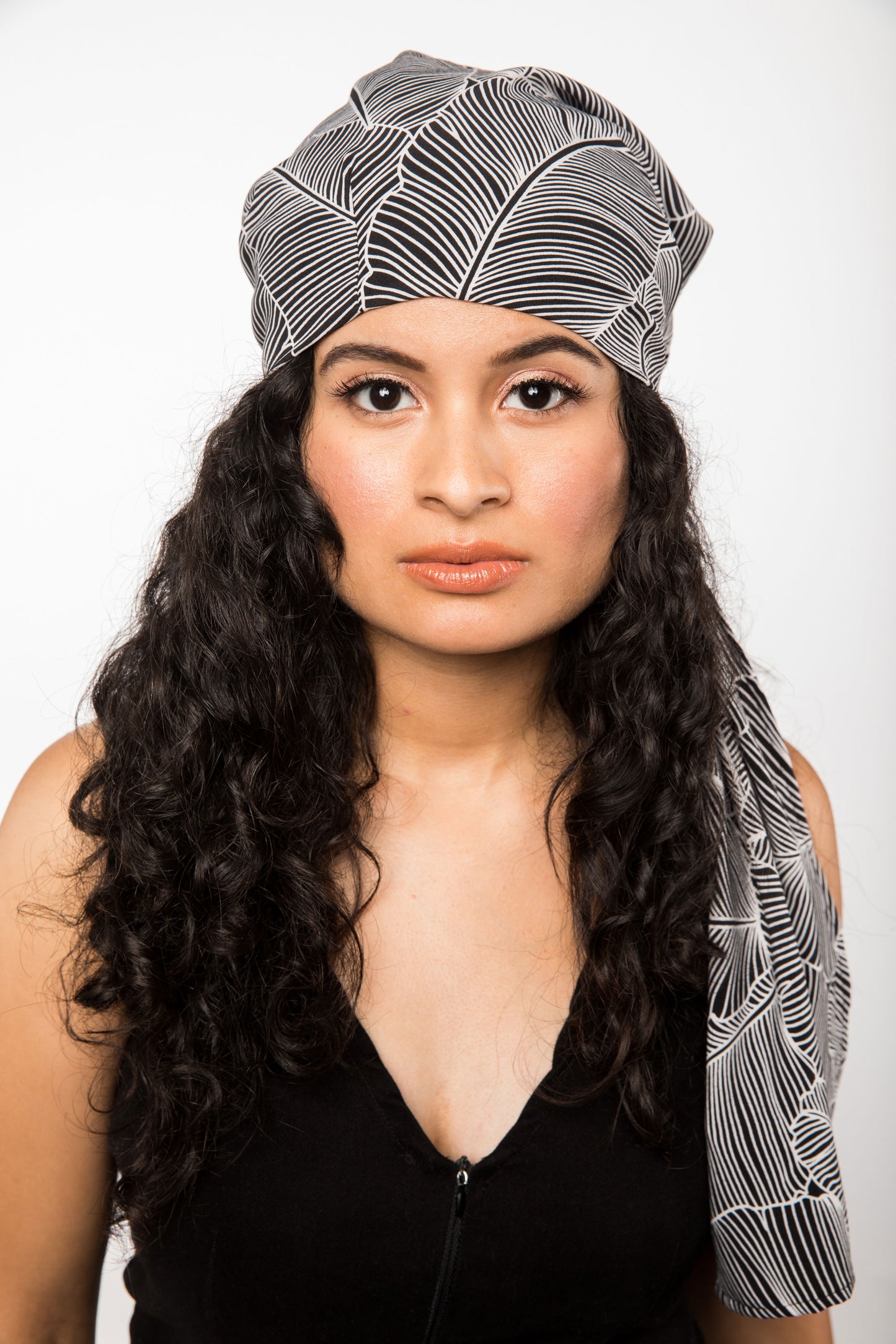 B&W Leaf Print Satin-Lined Chiffon Head Scarf | Apollina