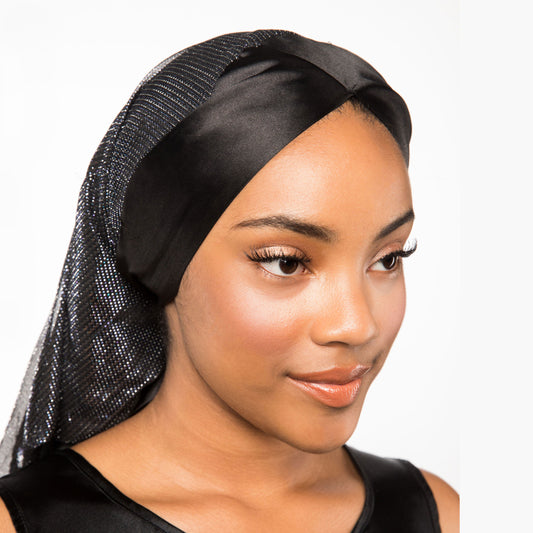 Black Satin-Lined Headscarf with Silver Accents | Cleopatra