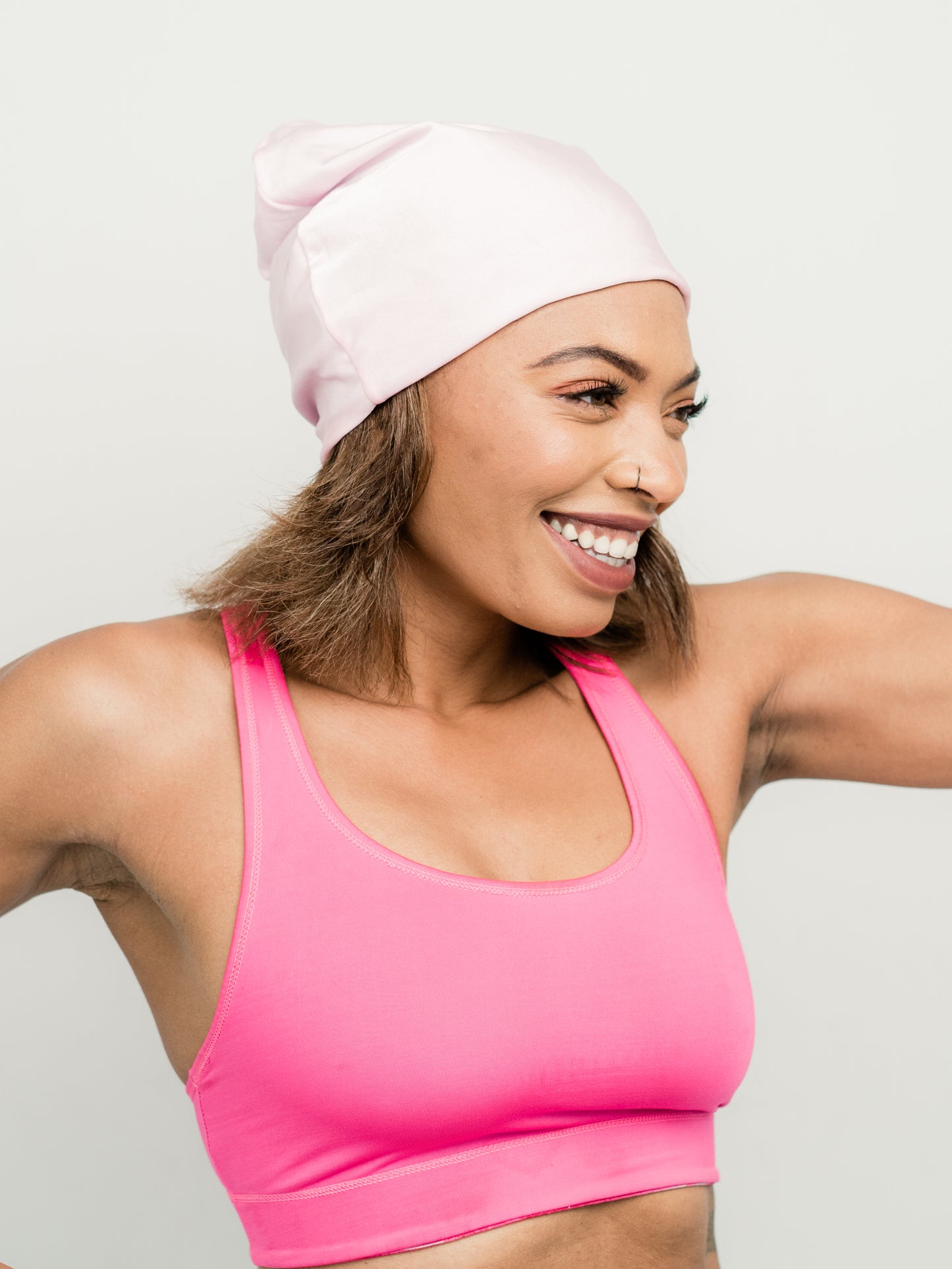 Beanie: Kari | Light Pink Charmeuse Satin-Lined Slouch Cap | Linda Christen Designs