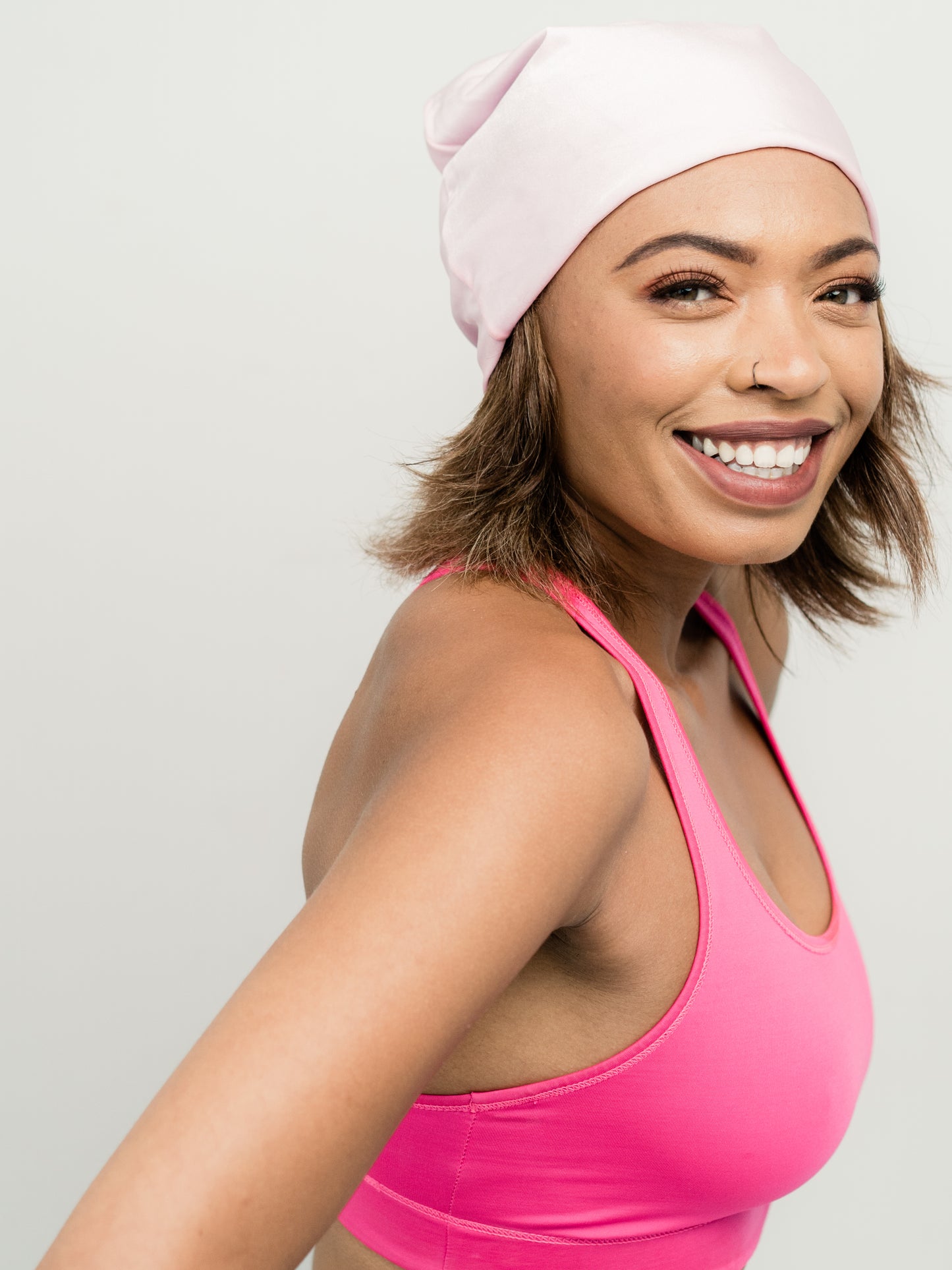 Beanie: Kari | Light Pink Charmeuse Satin-Lined Slouch Cap | Linda Christen Designs