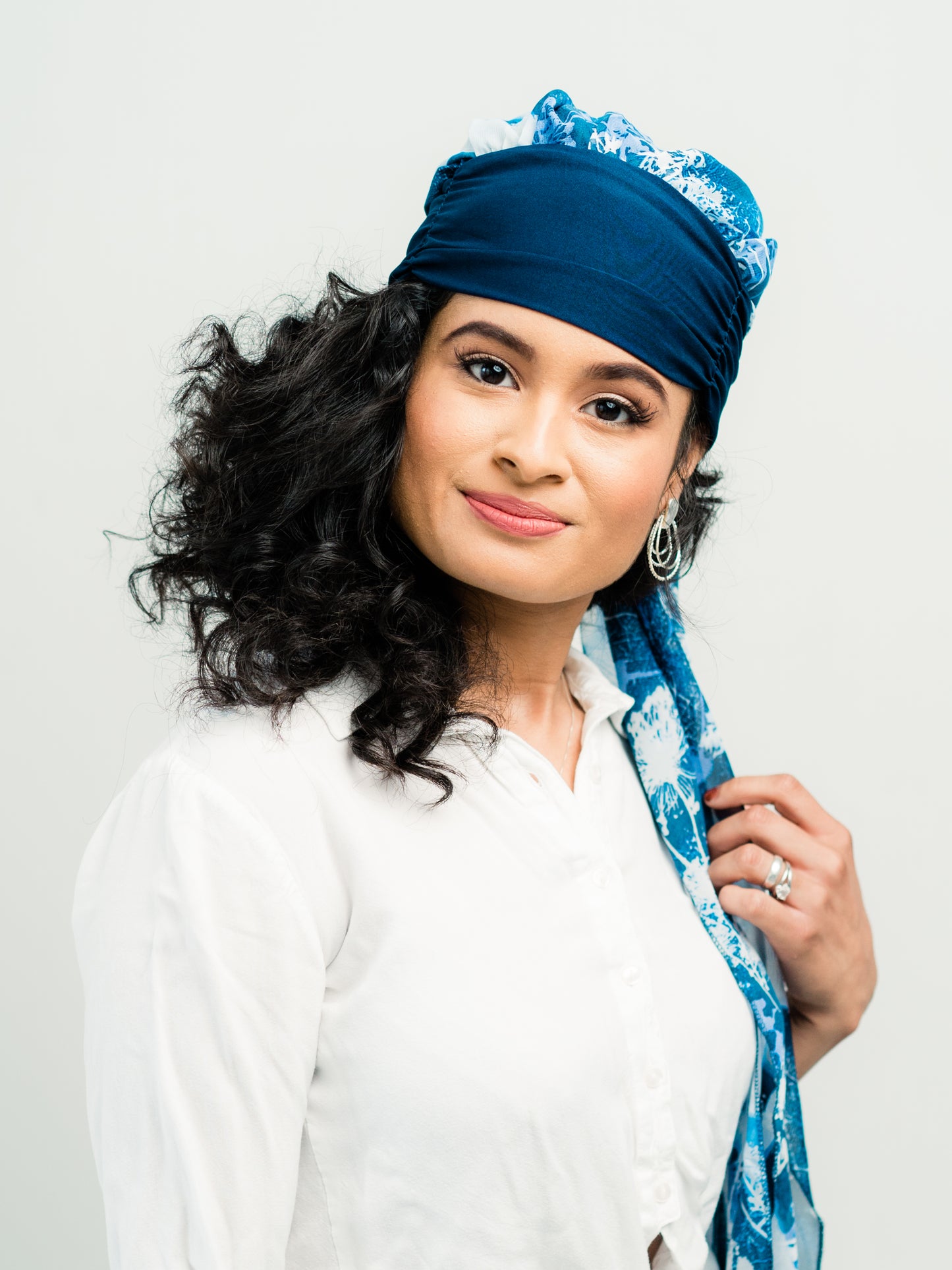 Head Scarf: Margaux | Blue & White Floral Sheer Head Scarf | Linda Christen Designs