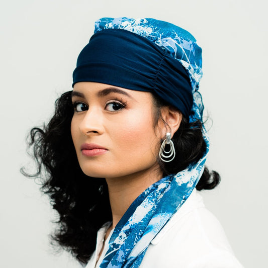 Head Scarf: Margaux | Blue & White Floral Sheer Head Scarf | Linda Christen Designs