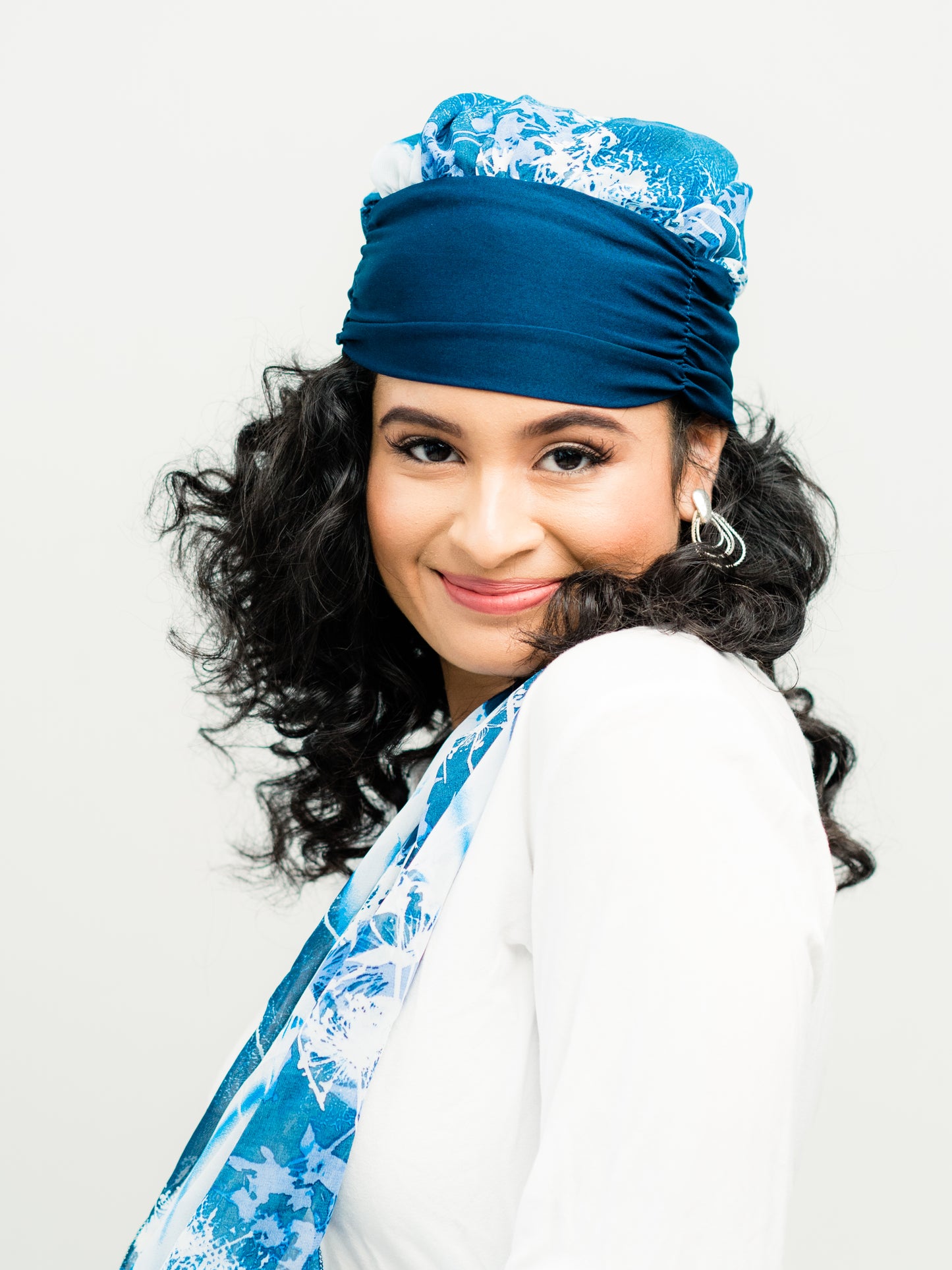 Head Scarf: Margaux | Blue & White Floral Sheer Head Scarf | Linda Christen Designs