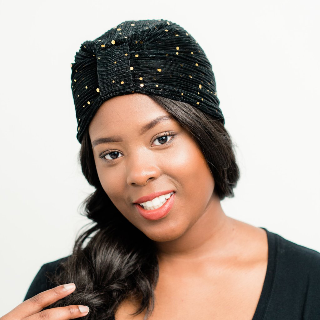 Turban: Simone | Sheer Black with Gold Sequins Turban | Linda Christen Designs