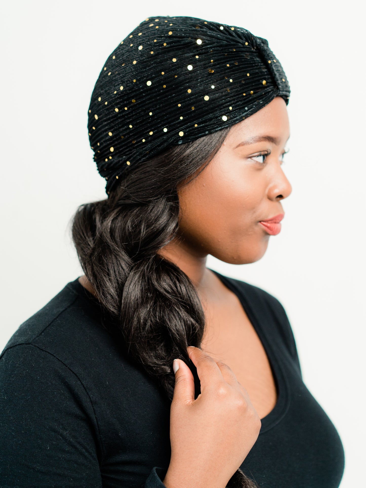 Turban: Simone | Sheer Black with Gold Sequins Turban | Linda Christen Designs