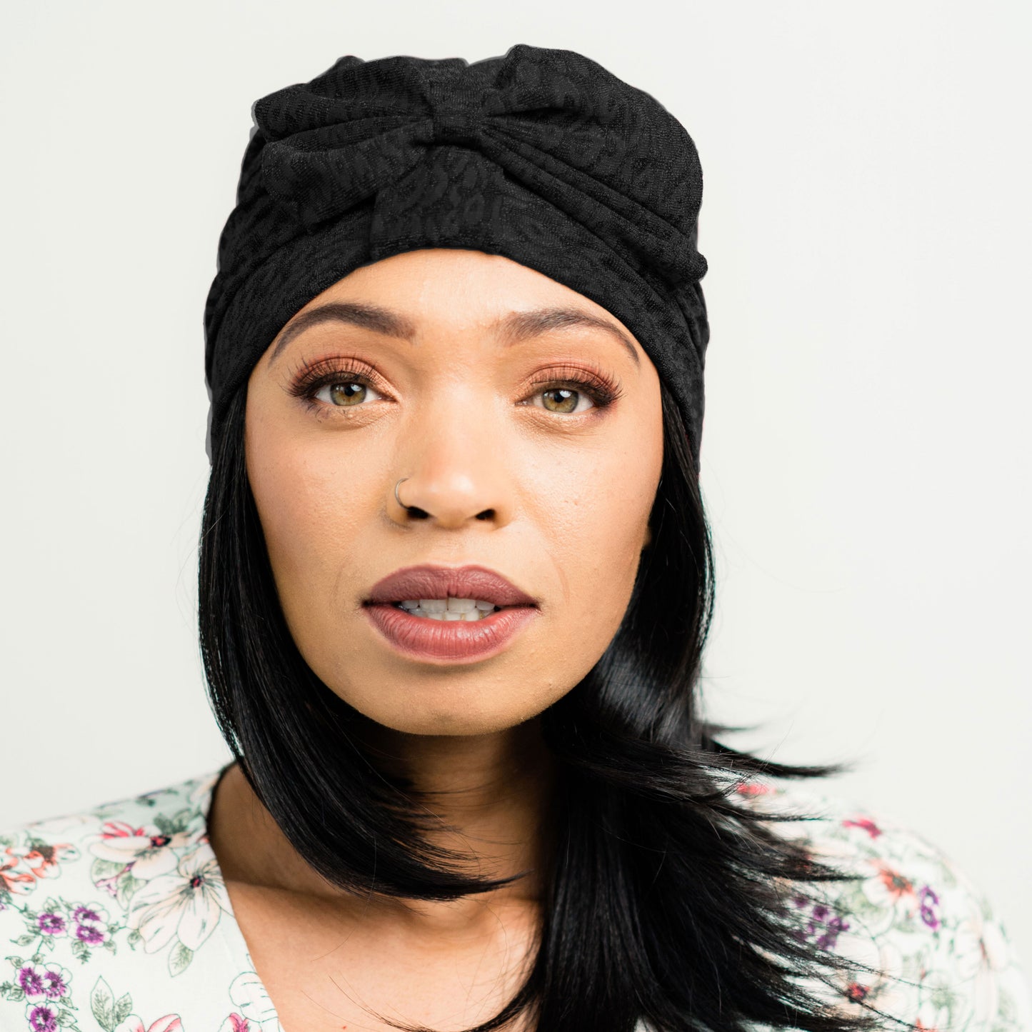 Black on Black Print Turban with Bow | Victoria