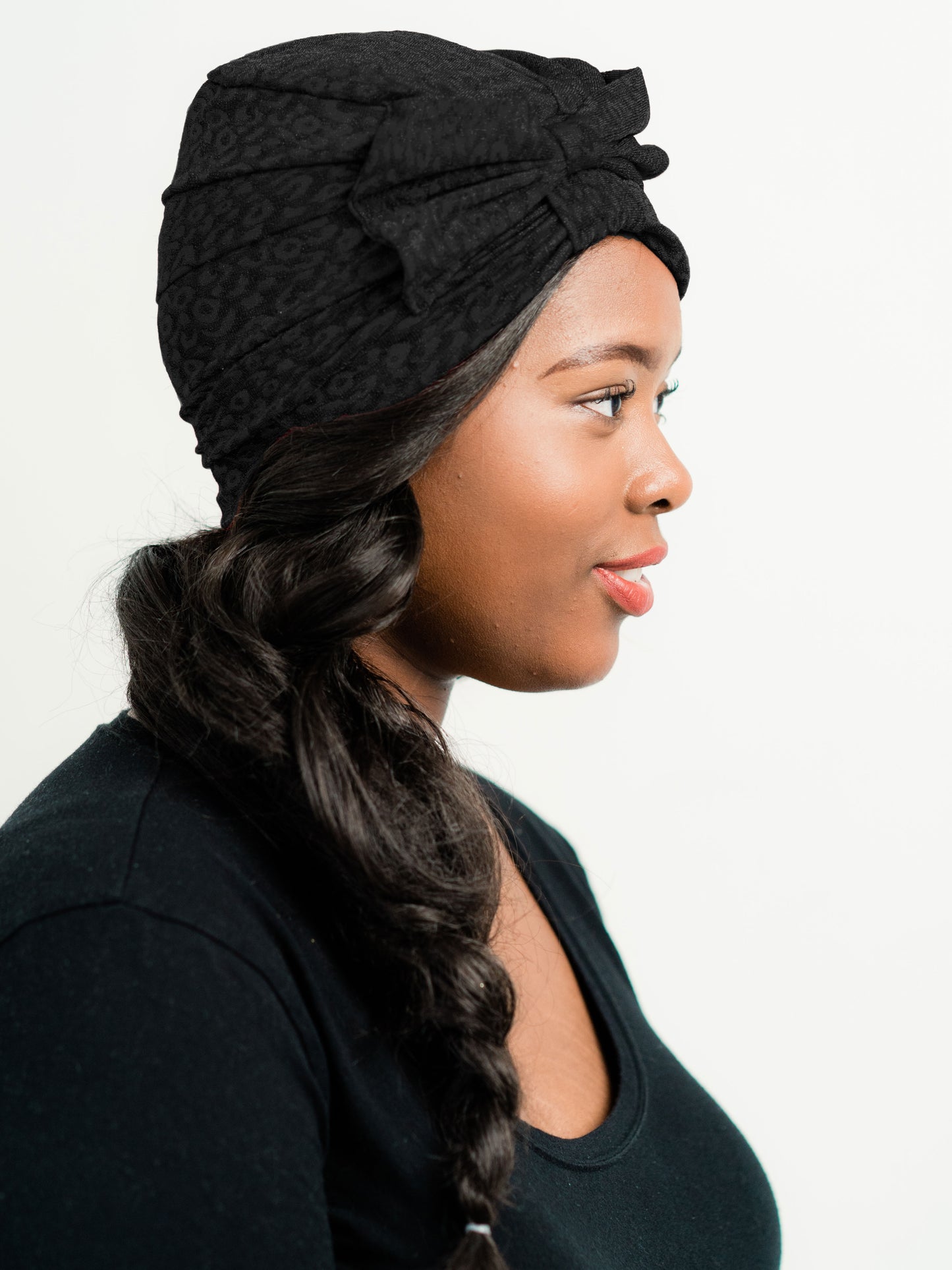 Black on Black Print Turban with Bow | Victoria