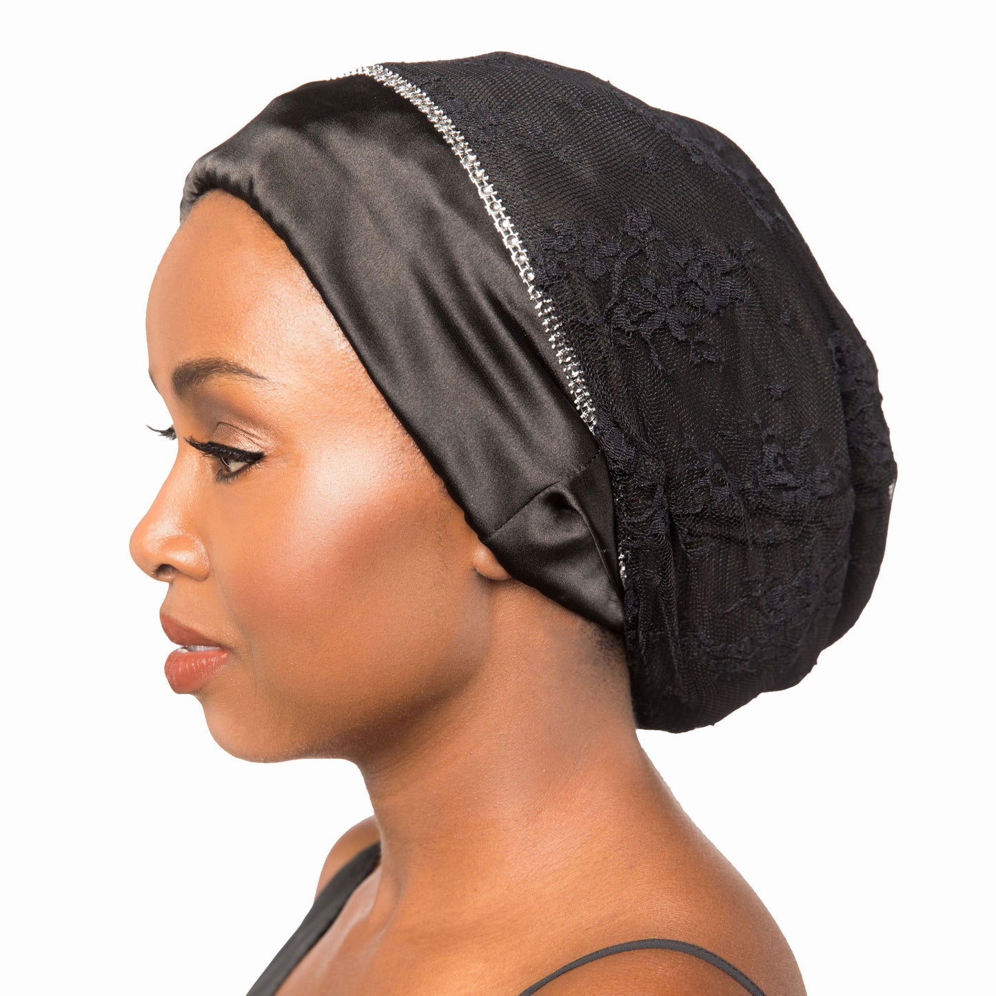 Satin-Lined Bonnet with Black Lace | Alita