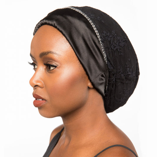 Satin-Lined Bonnet with Black Lace | Alita