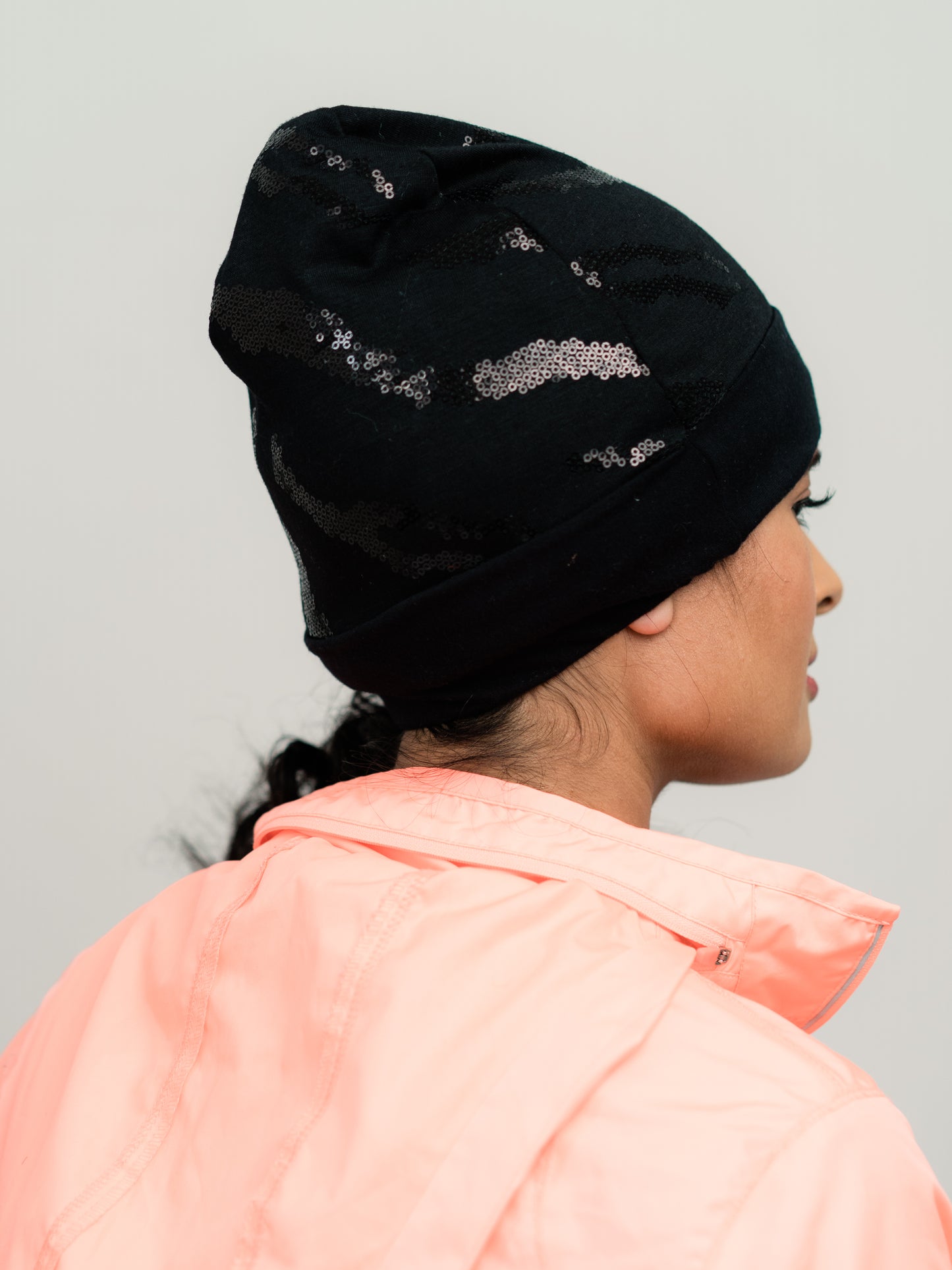 Beanie: Bianca | Black Sequin Charmeuse Satin-Lined Slouch Cap | Linda Christen Designs