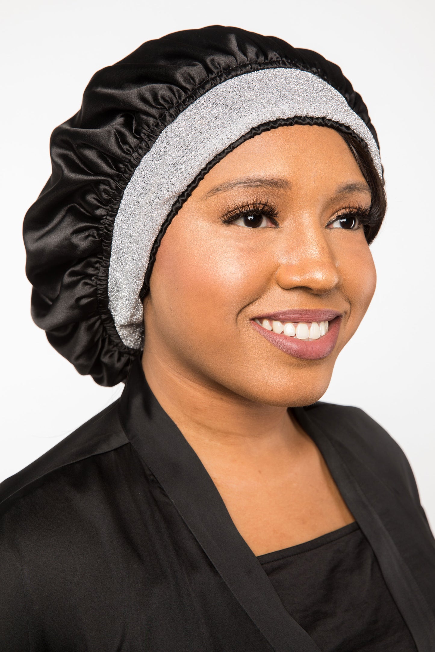 Black Satin-Lined Bonnet with Silver Metallic Band | Channelle