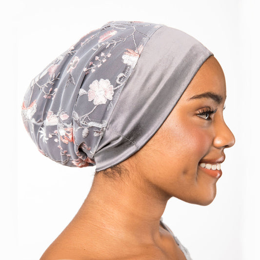 Embroidered Floral Mesh Satin-Lined Bonnet with a Silver Gray Band | Noelle