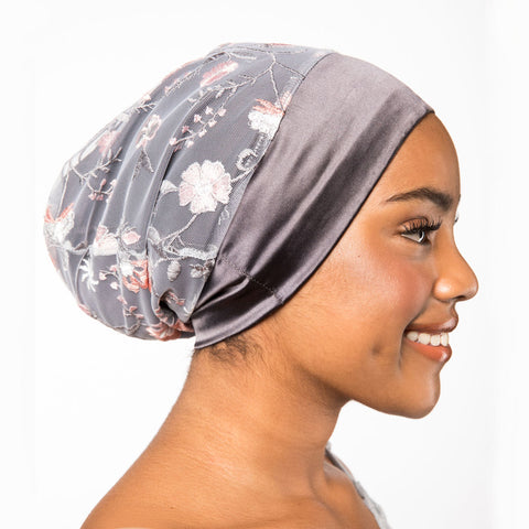 Embroidered Floral Mesh Satin-Lined Bonnet with a Charcoal Band | Noelle