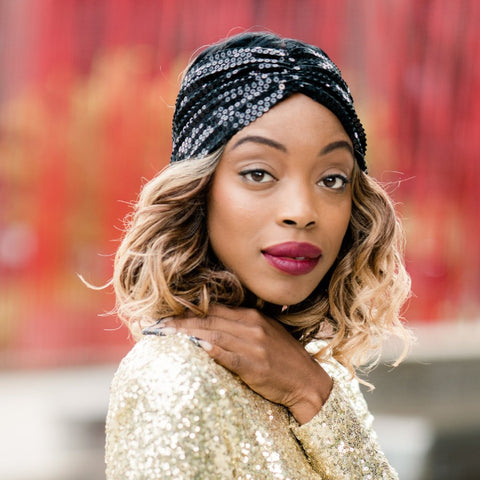 Turban Head Wrap - Satin-Lined Black Sequin Half Wrap | Bridgette