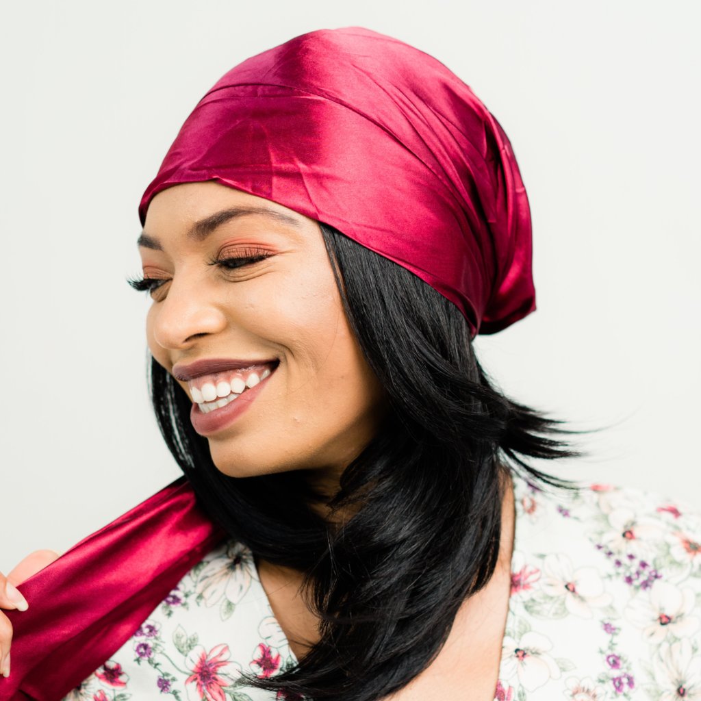 Head Scarf: Chloe | Burgundy Silky Satin Head Scarf | Linda Christen Designs