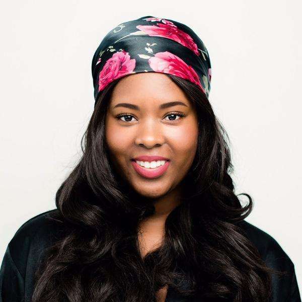 Black Satin Head Scarf with Roses | Adeline