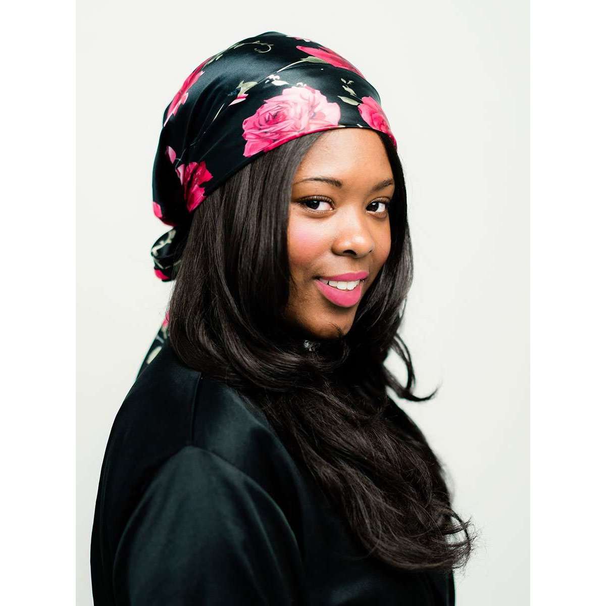 Black Satin Head Scarf with Roses | Adeline