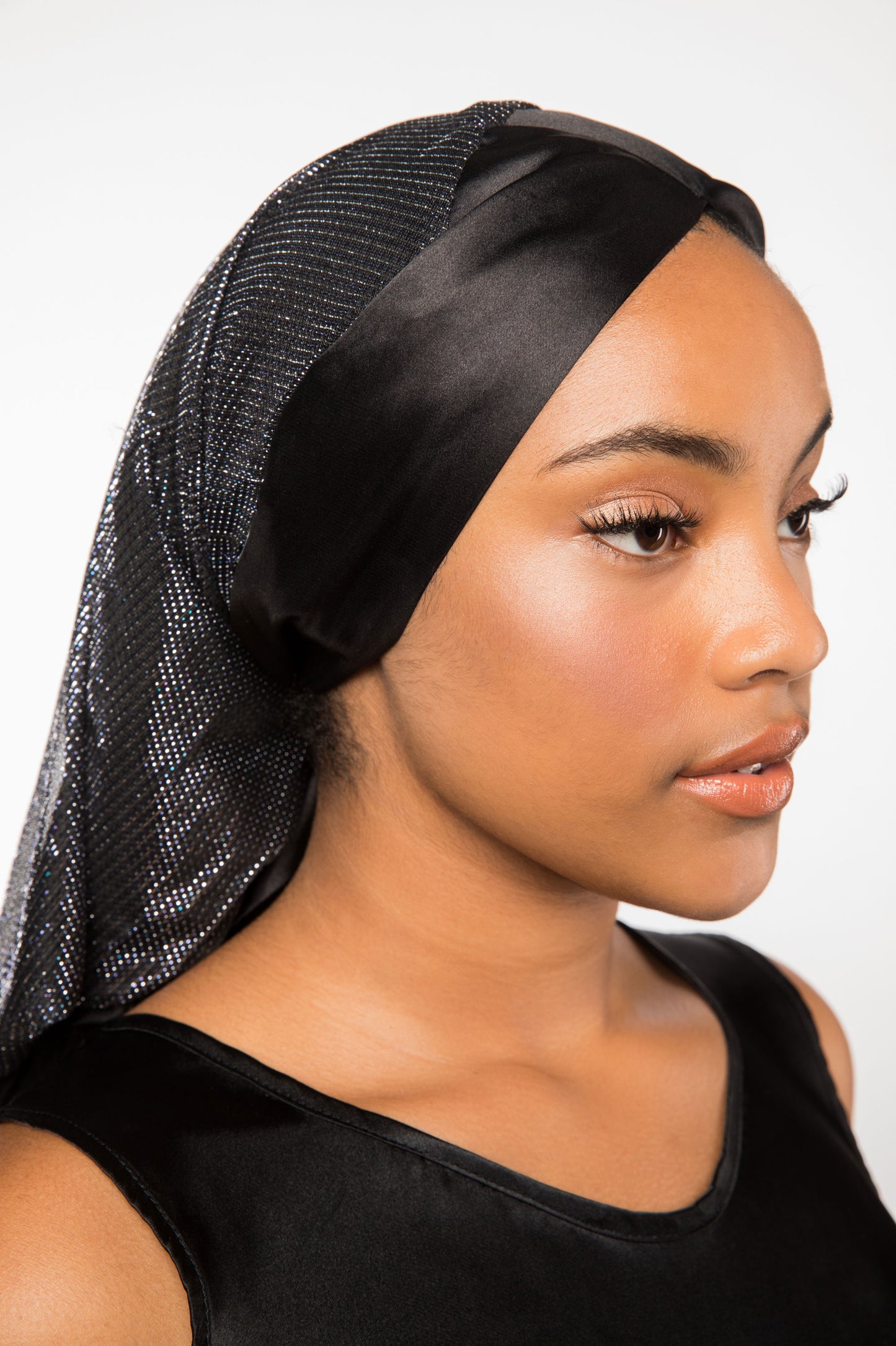 Black Satin-Lined Headscarf with Silver Accents | Cleopatra