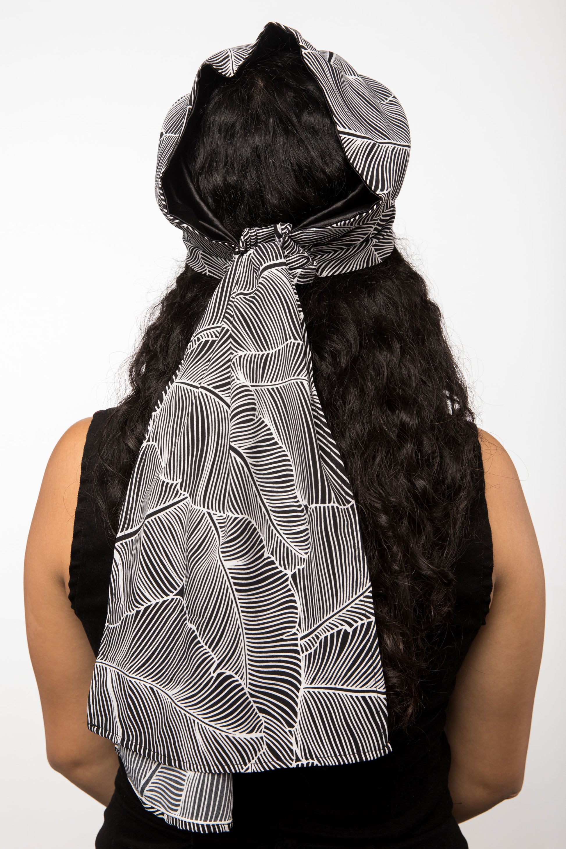 B&W Leaf Print Satin-Lined Chiffon Head Scarf | Apollina