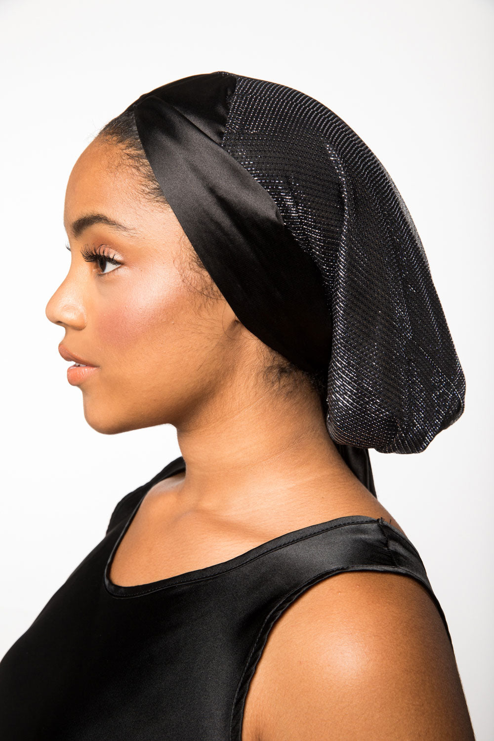 Black Satin-Lined Headscarf with Silver Accents | Cleopatra