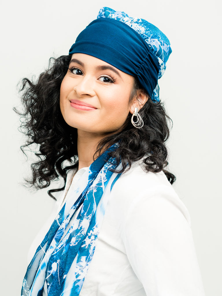 Head Wrap Scarf With A Blue & White Floral Pattern | Margaux - Linda  Christen Designs